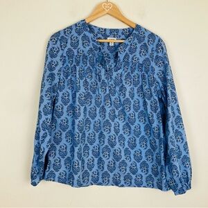 J. Crew tie neck puff sleeve boho blue floral block print peasant top. XL